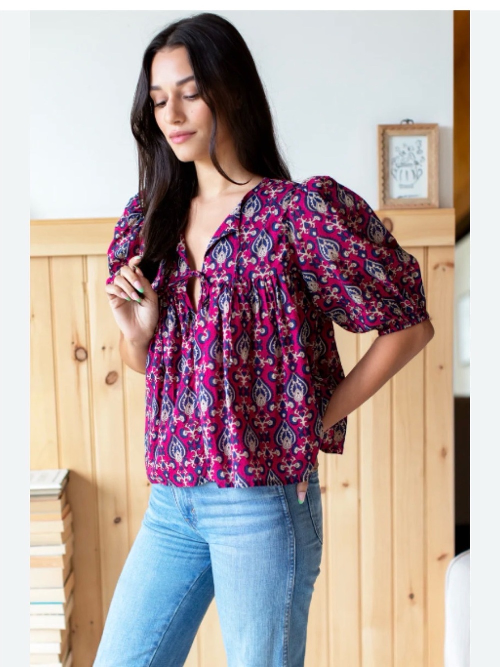 Emerson Fry Magenta Paisley Puff-Sleeve Blouse